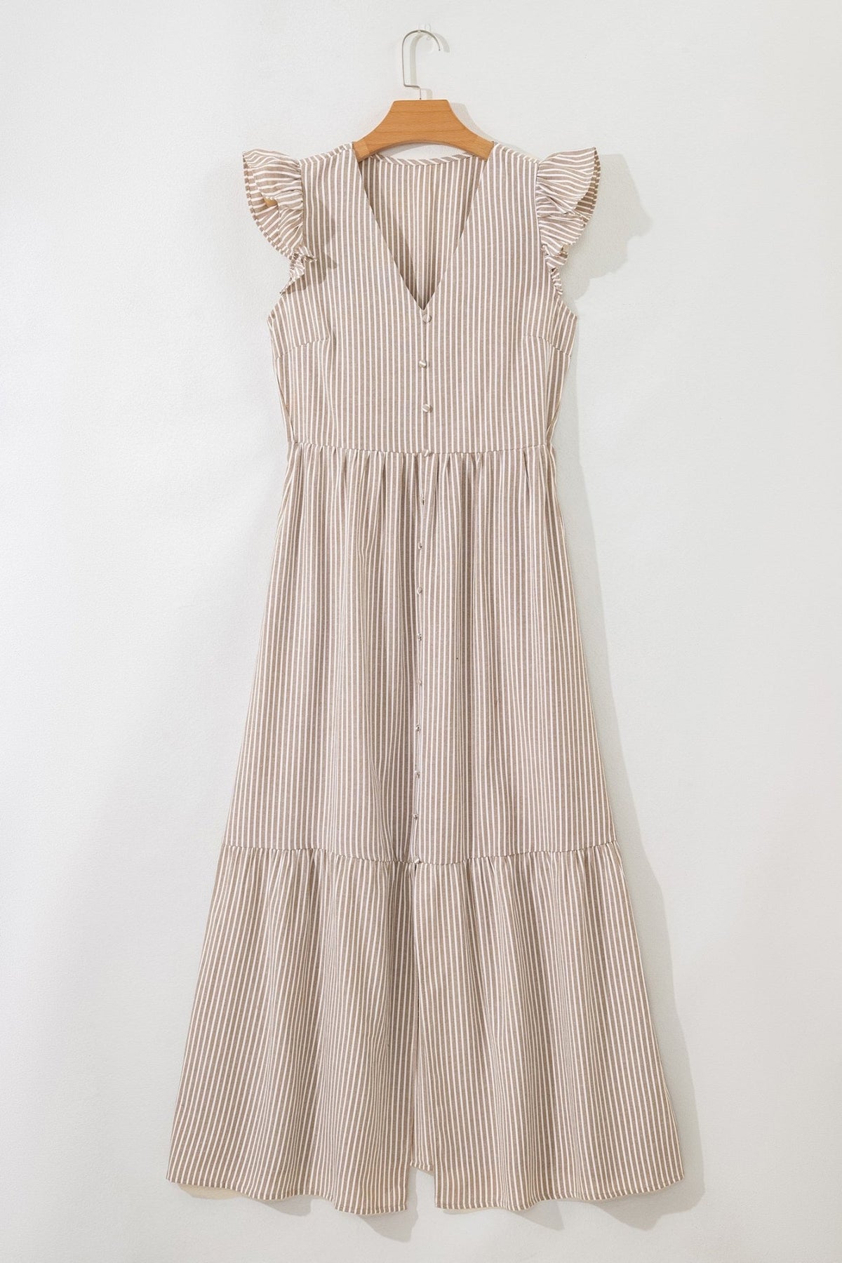Stripe Flutter Sleeve Buttoned V-Neck Maxi Dress - Rooted & Reckless Co.