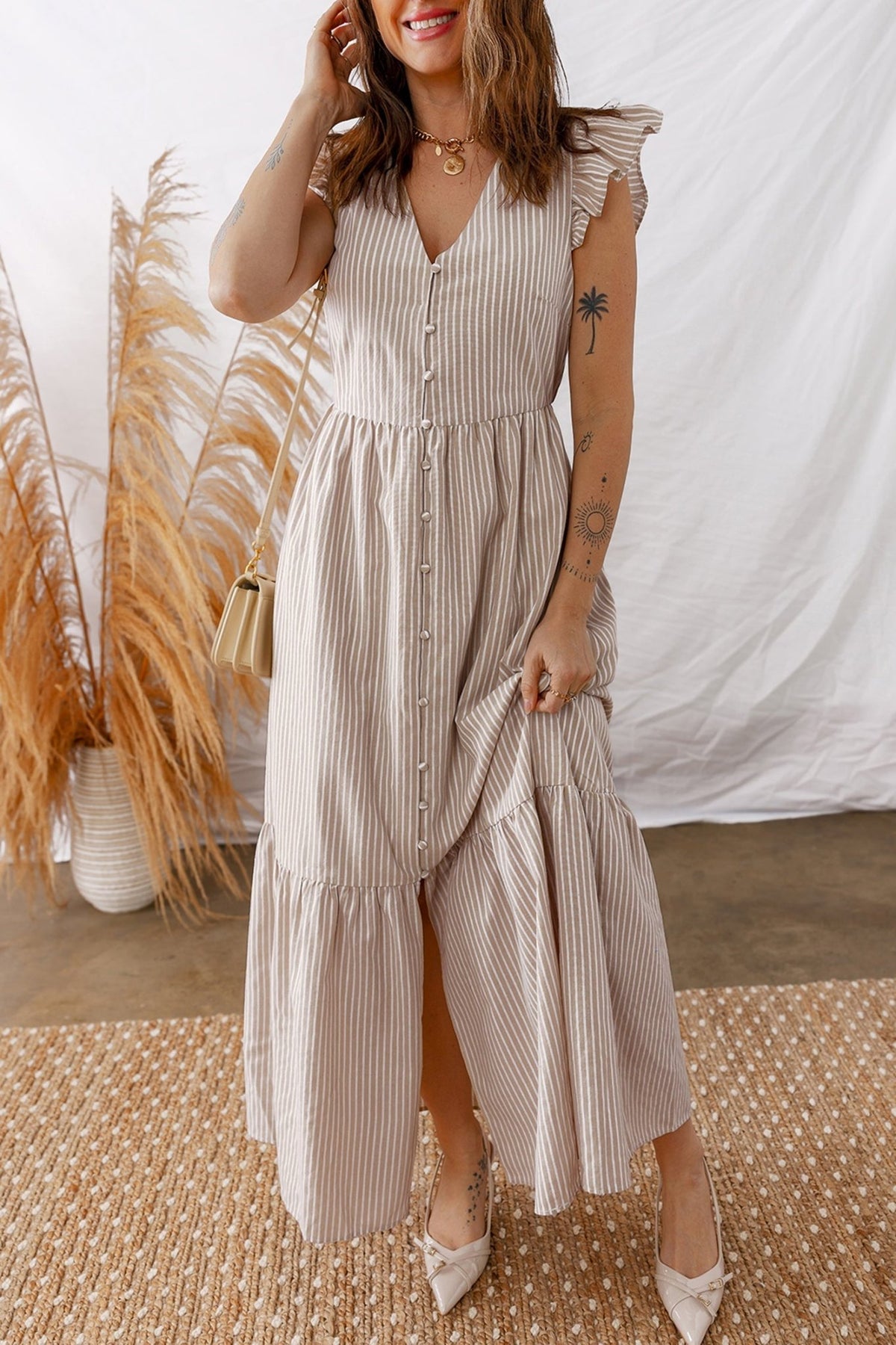 Stripe Flutter Sleeve Buttoned V-Neck Maxi Dress - Rooted & Reckless Co.