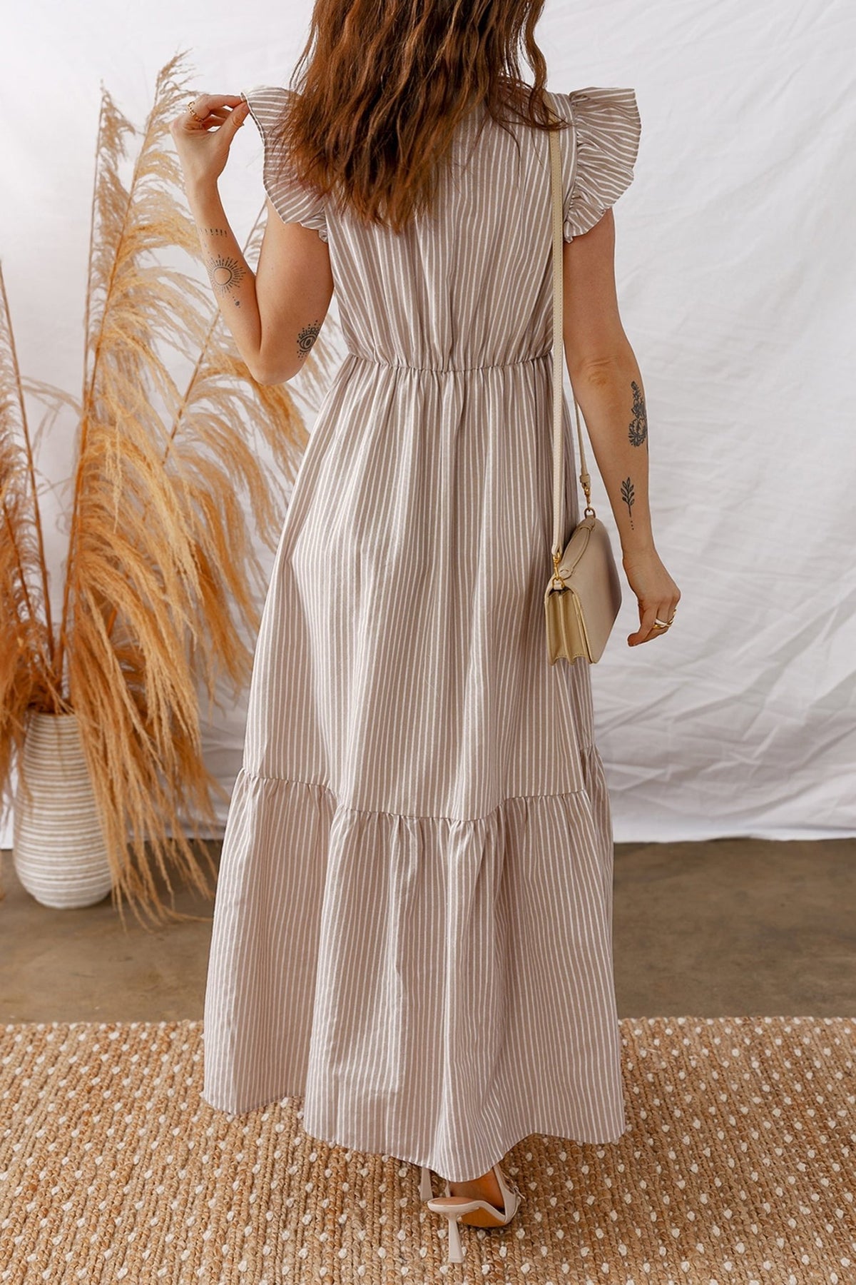 Stripe Flutter Sleeve Buttoned V-Neck Maxi Dress - Rooted & Reckless Co.