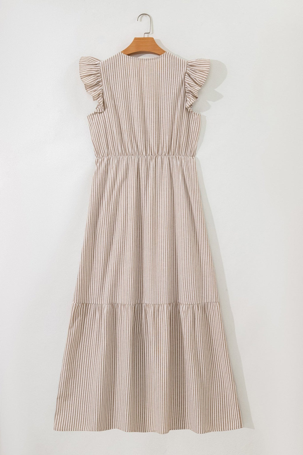 Stripe Flutter Sleeve Buttoned V-Neck Maxi Dress - Rooted & Reckless Co.