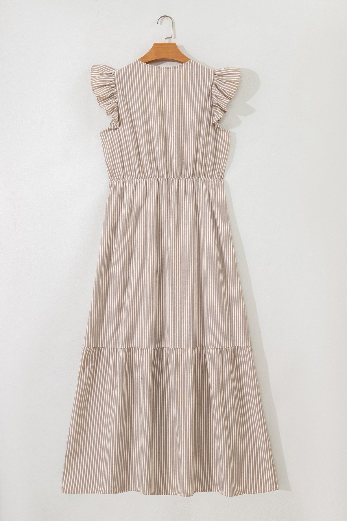 Stripe Flutter Sleeve Buttoned V-Neck Maxi Dress - Rooted & Reckless Co.
