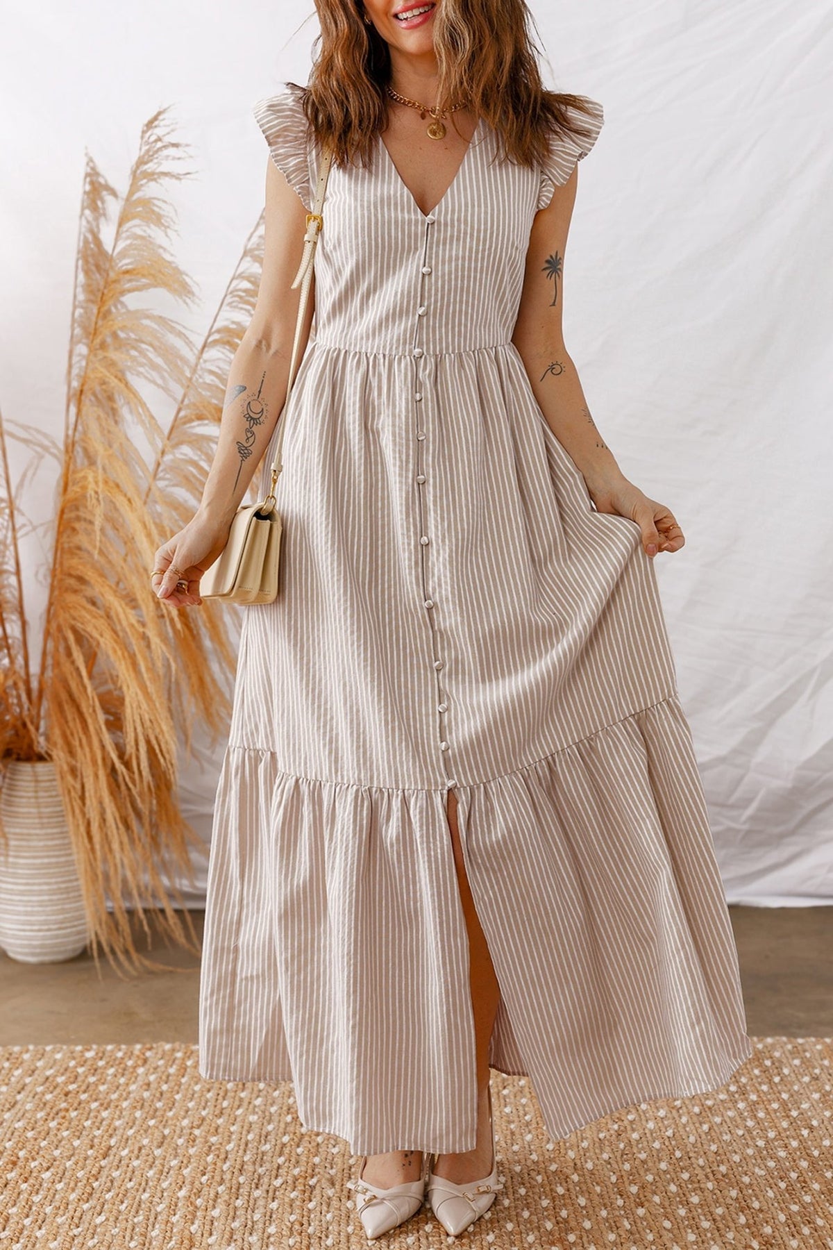 Stripe Flutter Sleeve Buttoned V-Neck Maxi Dress - Rooted & Reckless Co.