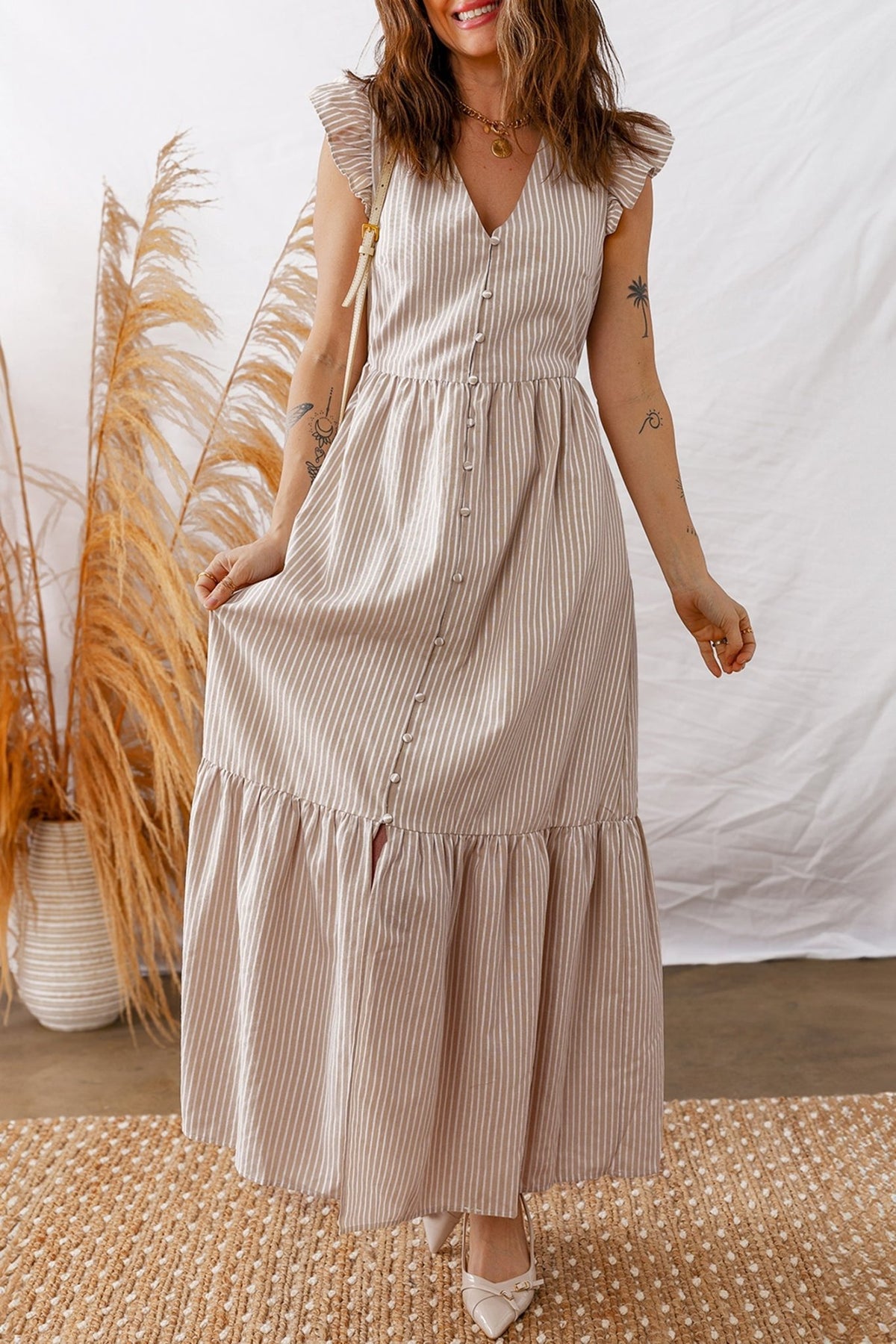 Stripe Flutter Sleeve Buttoned V-Neck Maxi Dress - Rooted & Reckless Co.