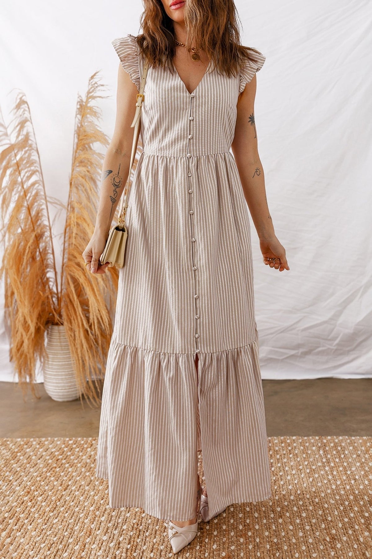 Stripe Flutter Sleeve Buttoned V-Neck Maxi Dress - Rooted & Reckless Co.