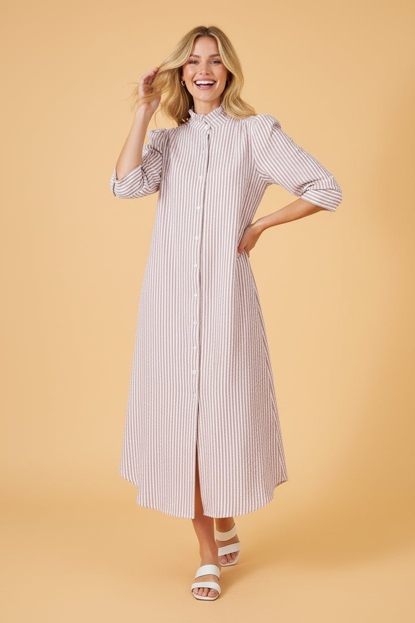 Stripe Frilled Collar 3/4 Sleeve Maxi Dress - Rooted & Reckless Co.