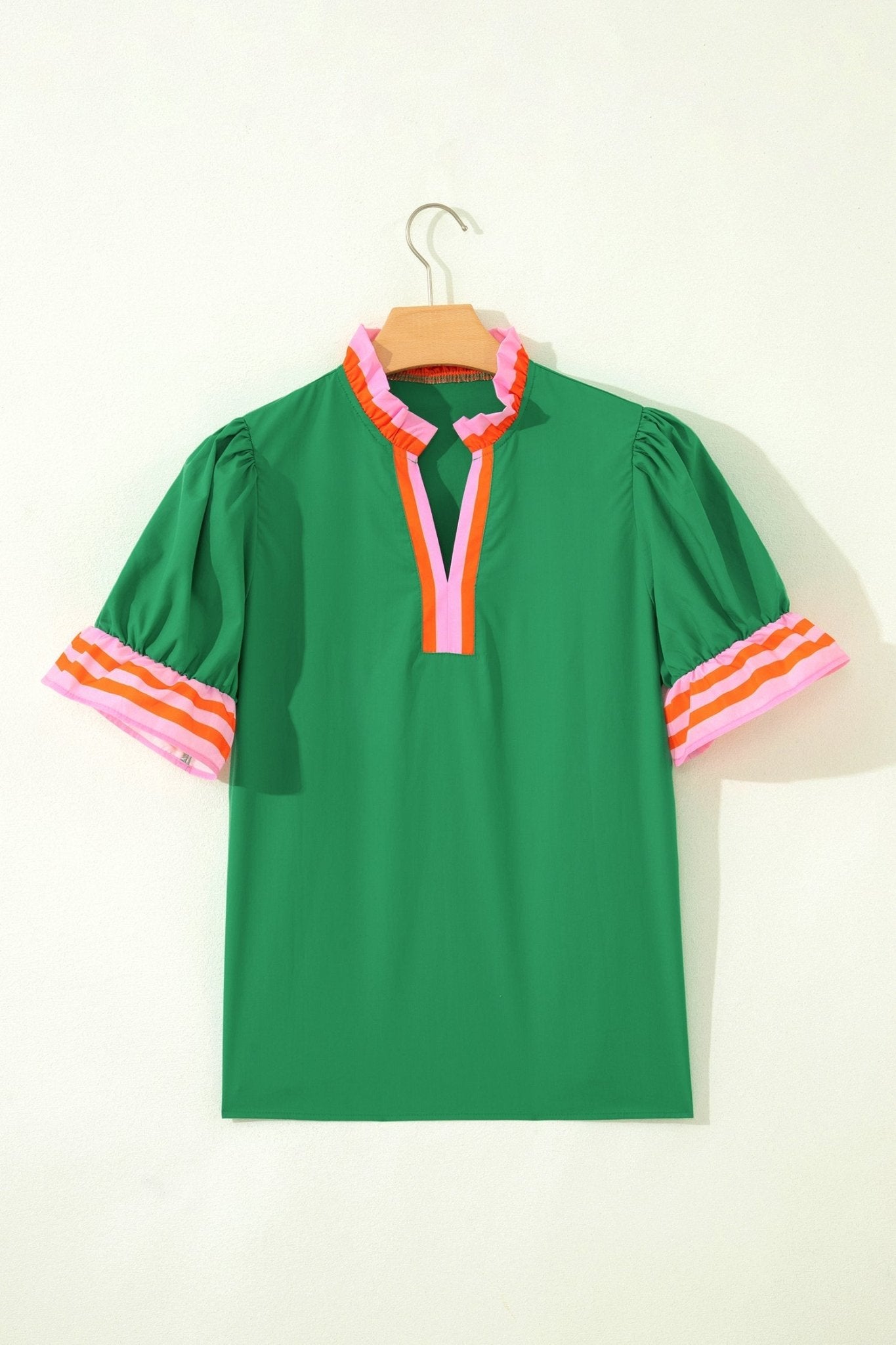 Stripe Frilled Collar Ruffle Short Sleeve Blouse - Rooted & Reckless Co.