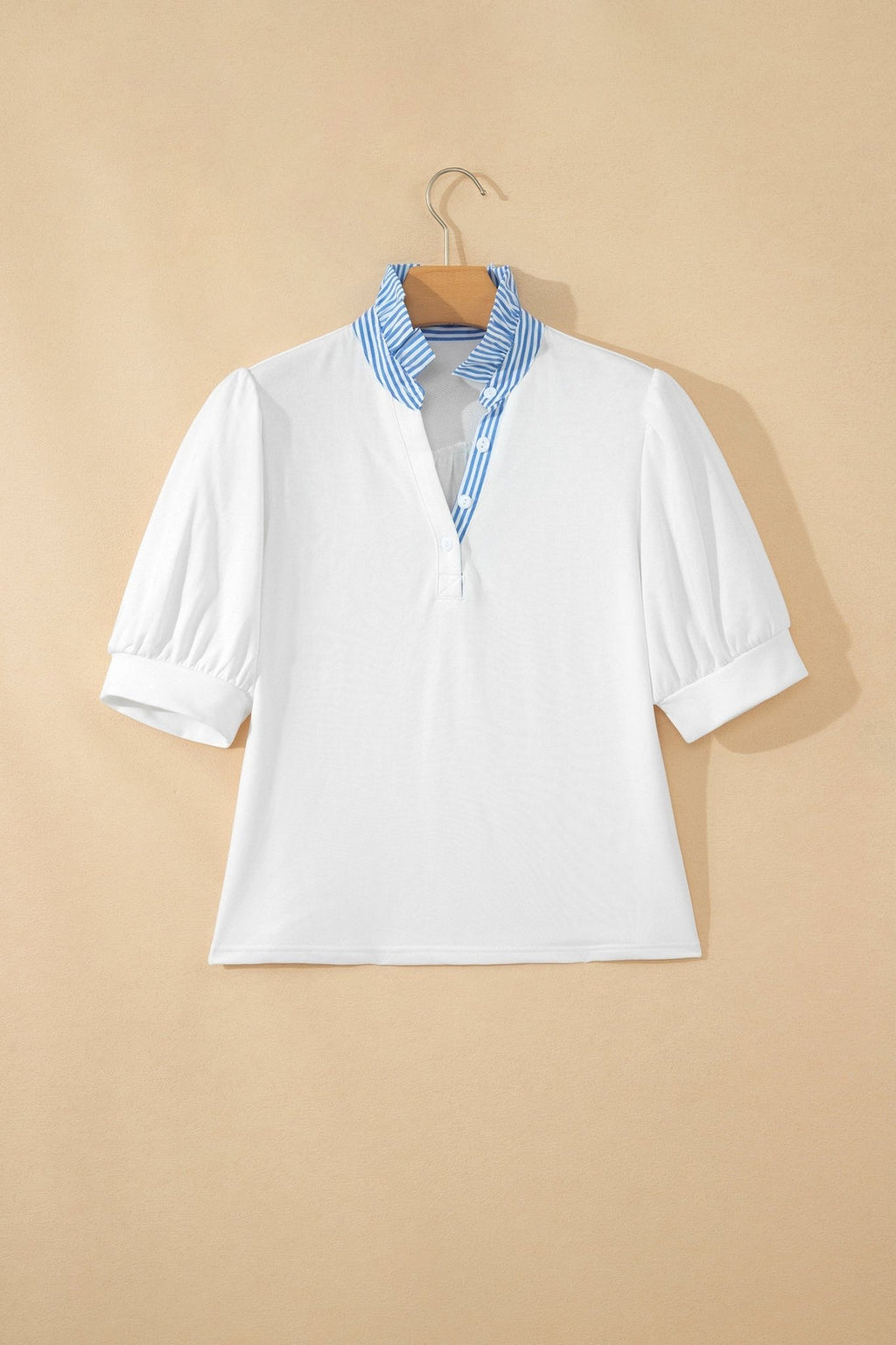 Stripe Frilled Collar Short Sleeve Blouse - Rooted & Reckless Co.