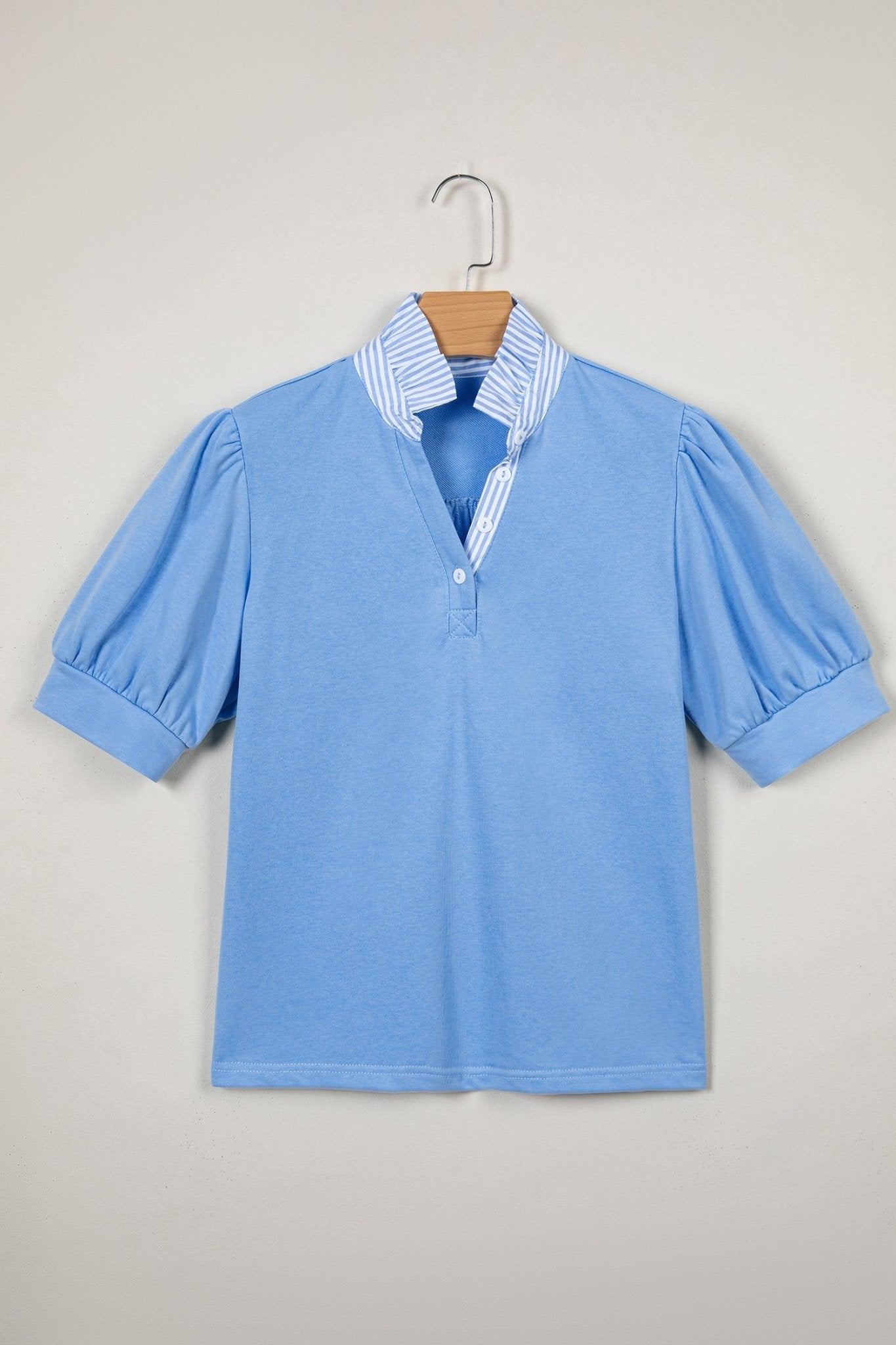 Stripe Frilled Collar Short Sleeve Blouse - Rooted & Reckless Co.