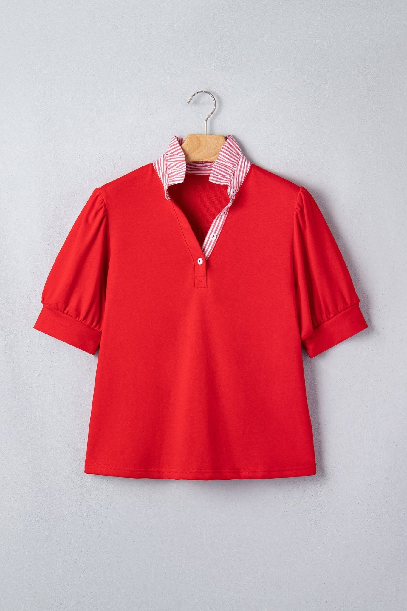 Stripe Frilled Collar Short Sleeve Blouse - Rooted & Reckless Co.