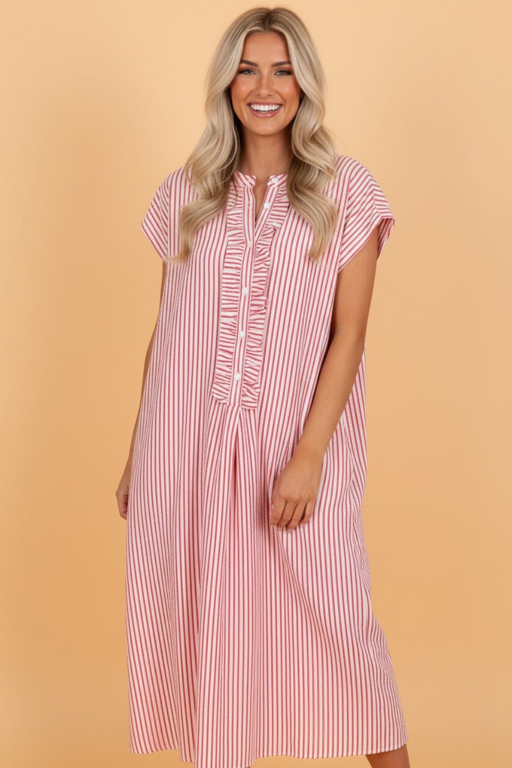 Stripe Frilled Half Buttoned Maxi Dress - Rooted & Reckless Co.