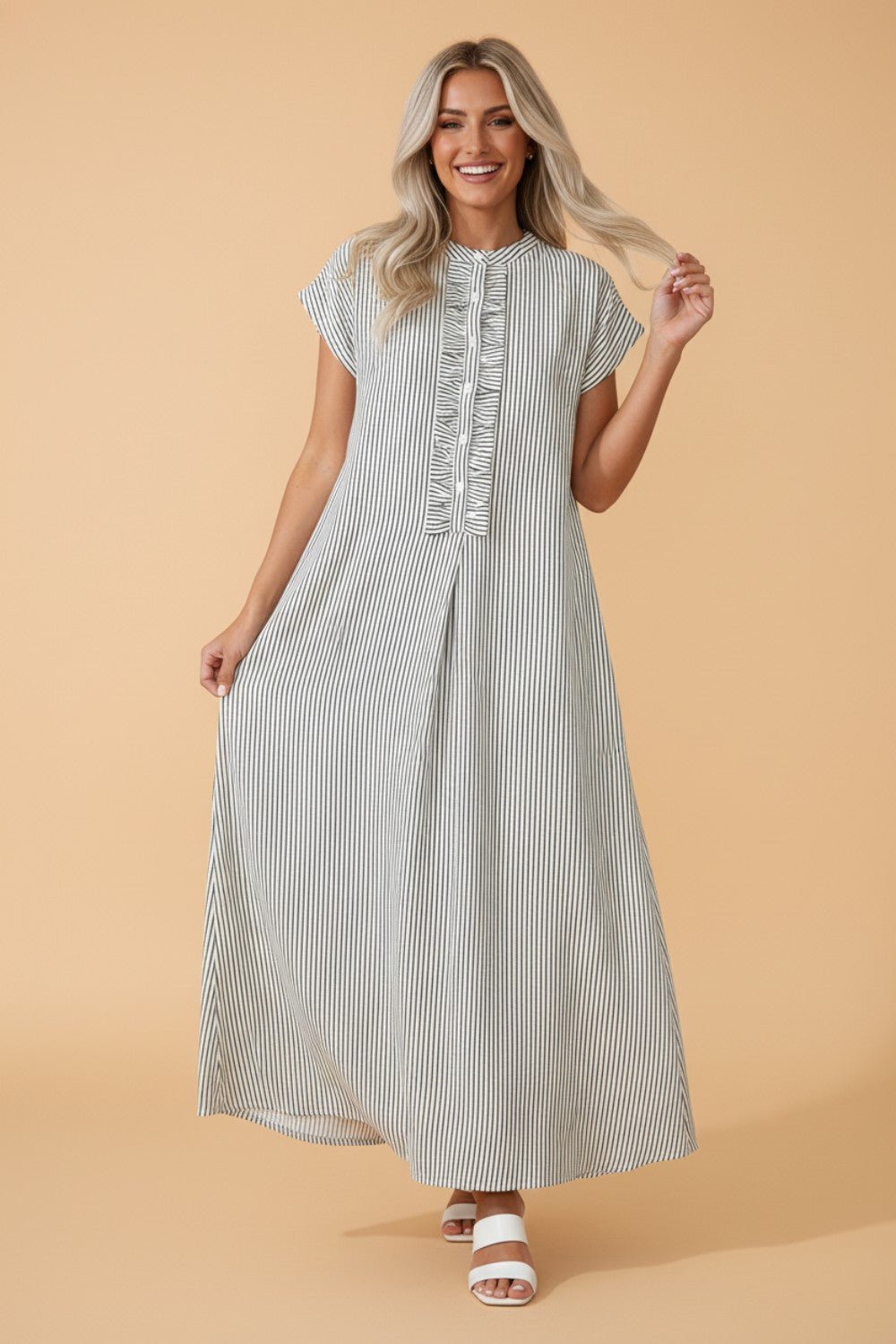Stripe Frilled Half Buttoned Maxi Dress - Rooted & Reckless Co.
