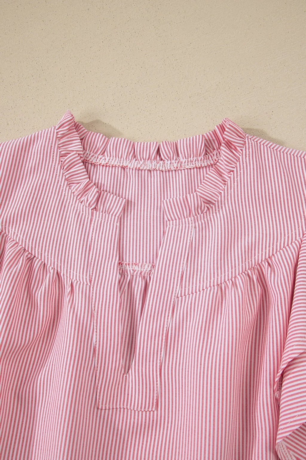 Stripe Frilled Split Neck Ruffle Sleeve Blouse - Rooted & Reckless Co.