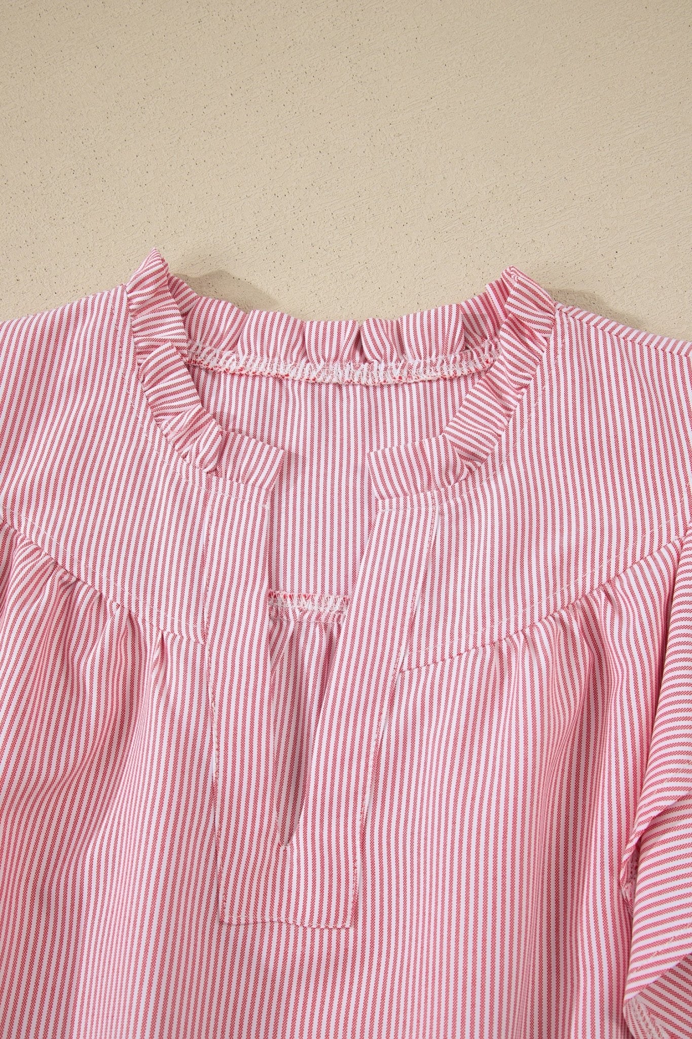 Stripe Frilled Split Neck Ruffle Sleeve Blouse - Rooted & Reckless Co.