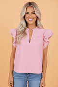 Stripe Frilled Split Neck Ruffle Sleeve Blouse - Rooted & Reckless Co.
