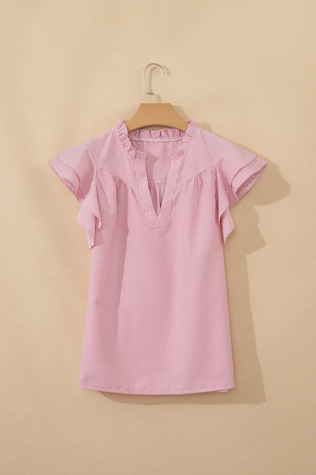 Stripe Frilled Split Neck Ruffle Sleeve Blouse - Rooted & Reckless Co.