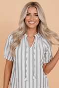 Stripe Frilled Tie-Neck Short Sleeve Blouse - Rooted & Reckless Co.
