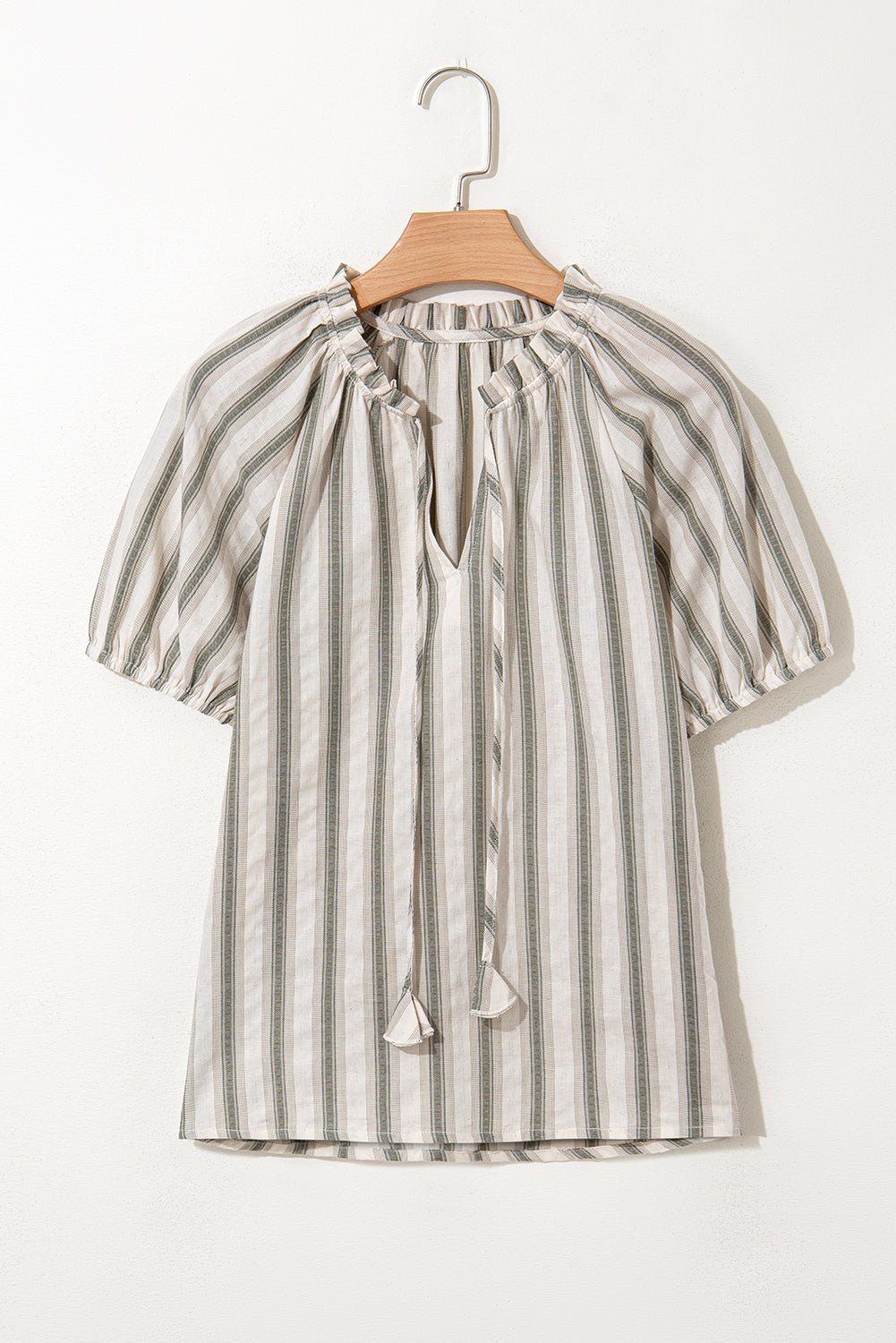 Stripe Frilled Tie-Neck Short Sleeve Blouse - Rooted & Reckless Co.