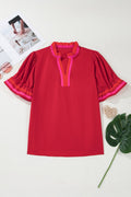 Stripe Frilled V-Neck Ruffle Short Sleeve Blouse - Rooted & Reckless Co.