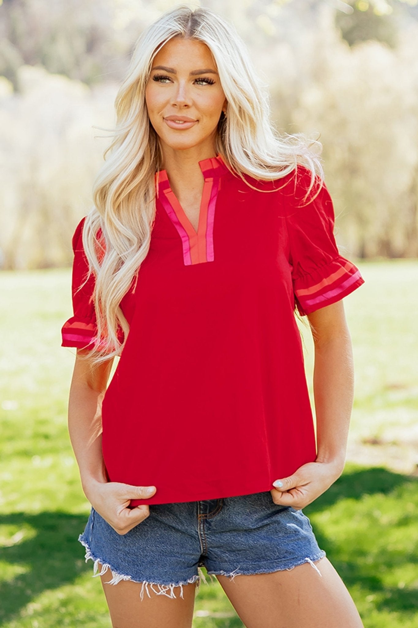 Stripe Frilled V-Neck Ruffle Short Sleeve Blouse - Rooted & Reckless Co.
