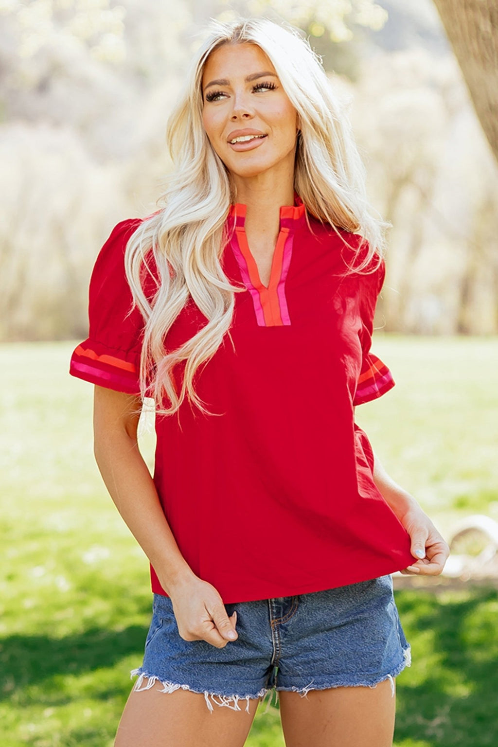 Stripe Frilled V-Neck Ruffle Short Sleeve Blouse - Rooted & Reckless Co.
