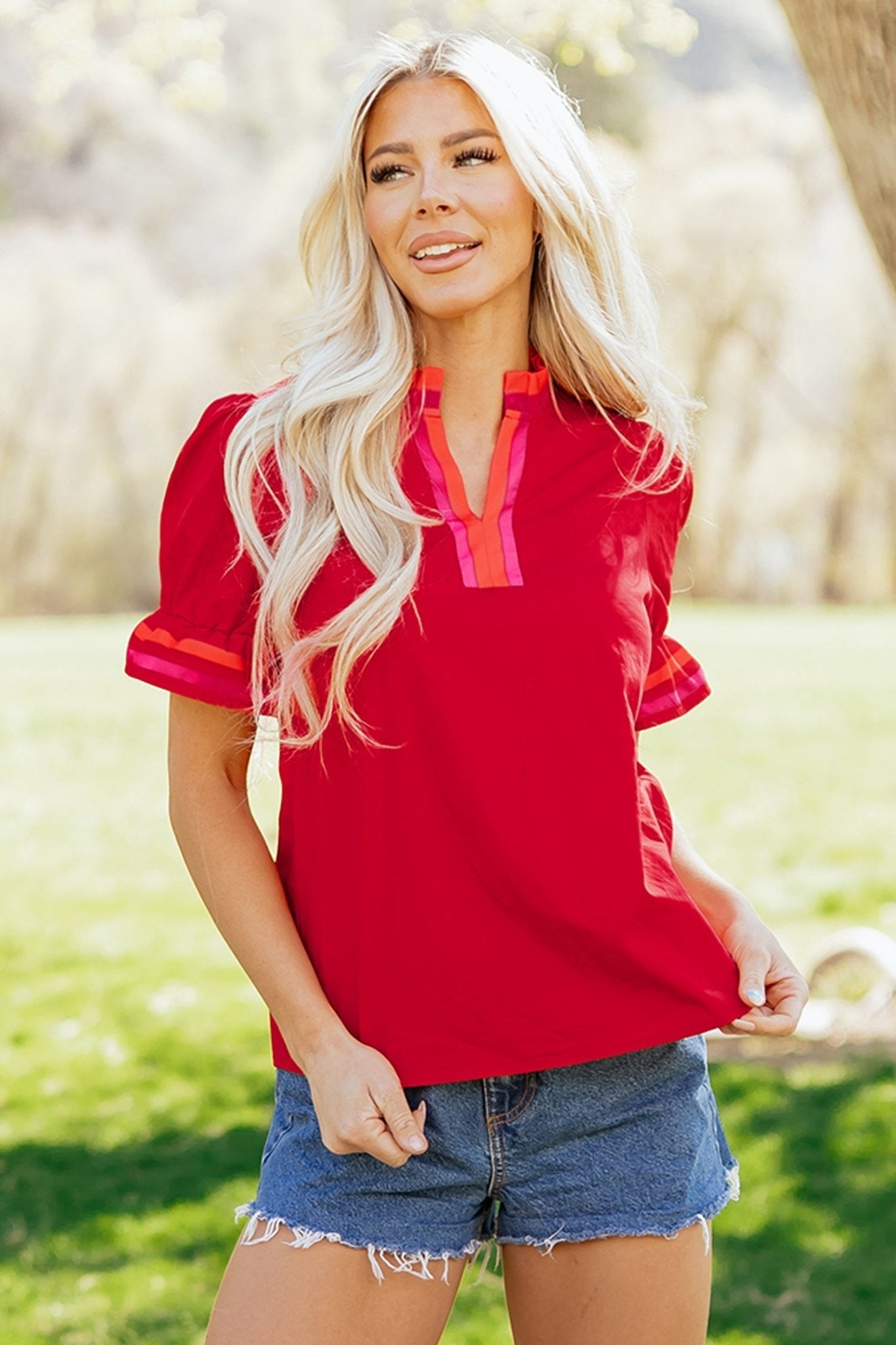 Stripe Frilled V-Neck Ruffle Short Sleeve Blouse - Rooted & Reckless Co.