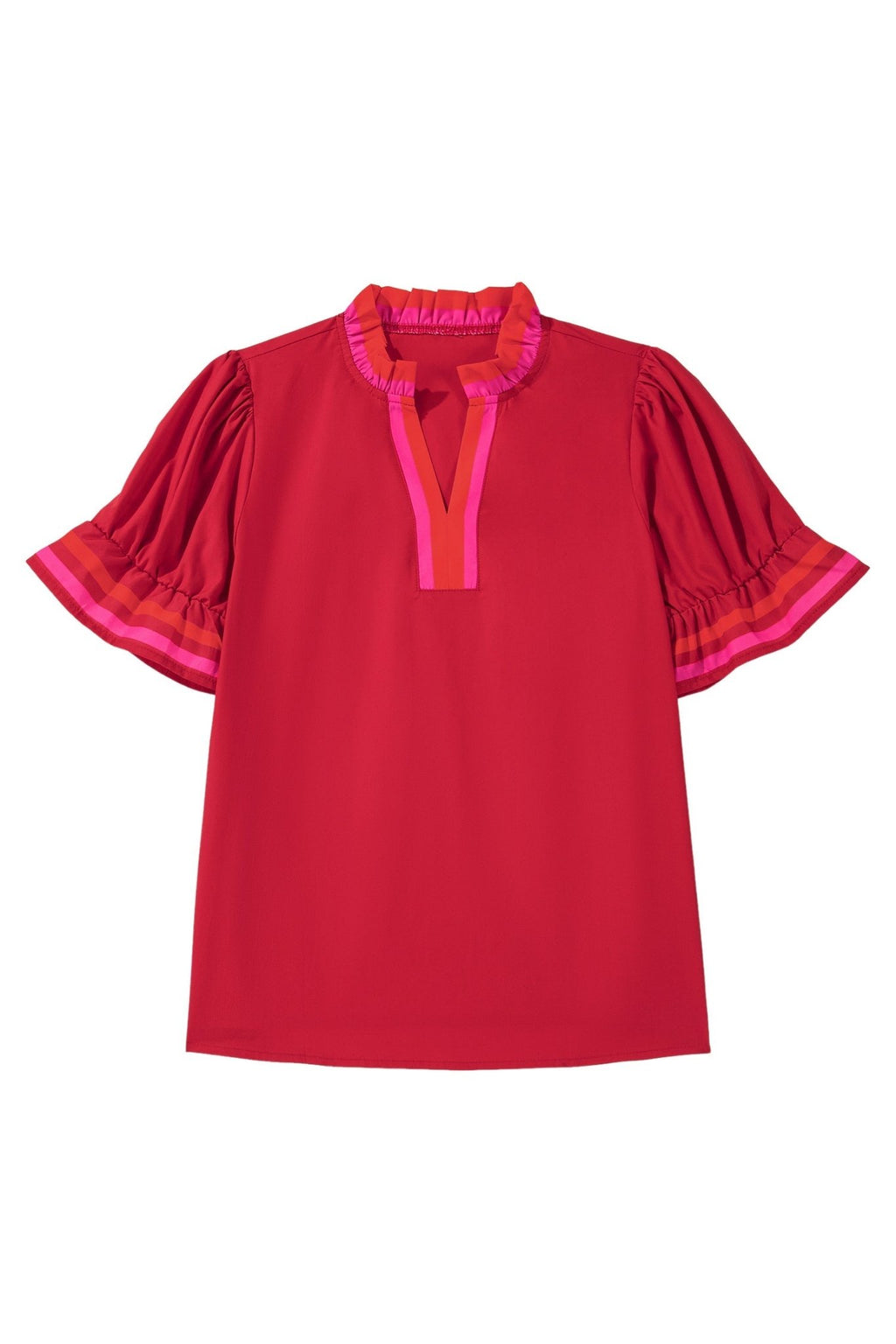 Stripe Frilled V-Neck Ruffle Short Sleeve Blouse - Rooted & Reckless Co.