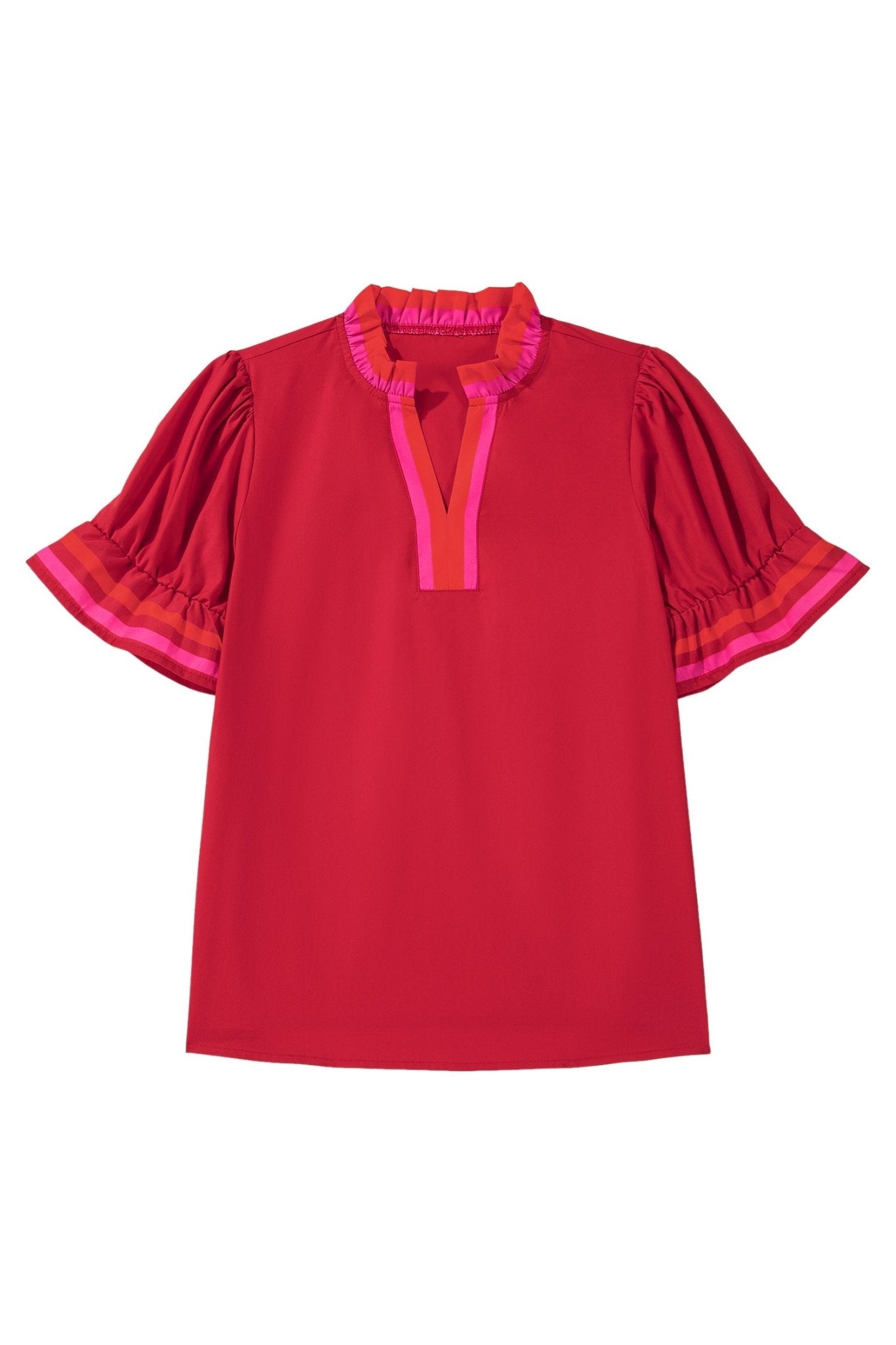 Stripe Frilled V-Neck Ruffle Short Sleeve Blouse - Rooted & Reckless Co.