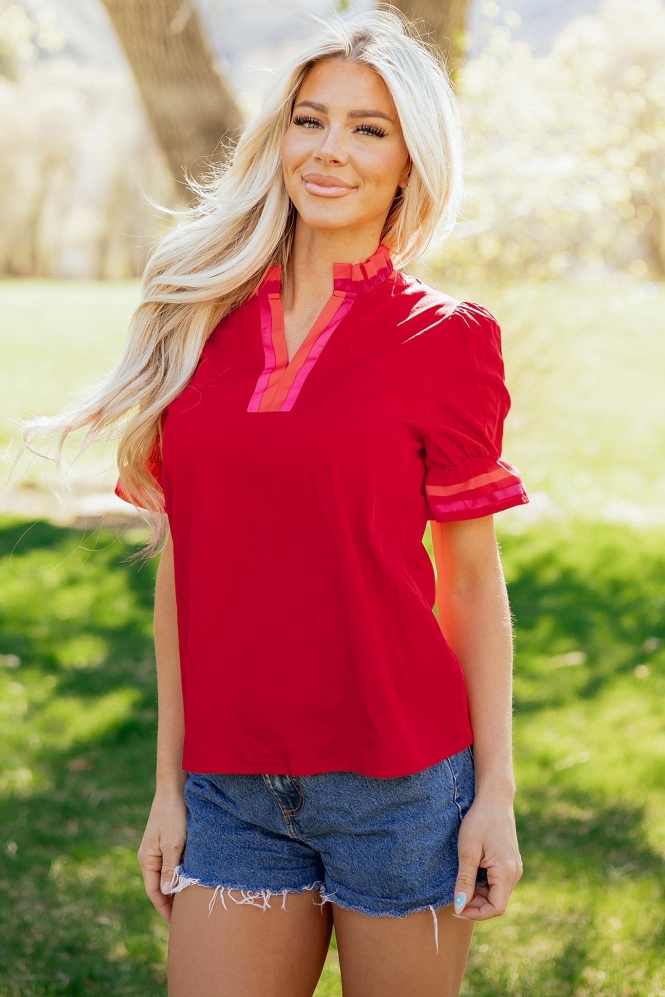 Stripe Frilled V-Neck Ruffle Short Sleeve Blouse - Rooted & Reckless Co.
