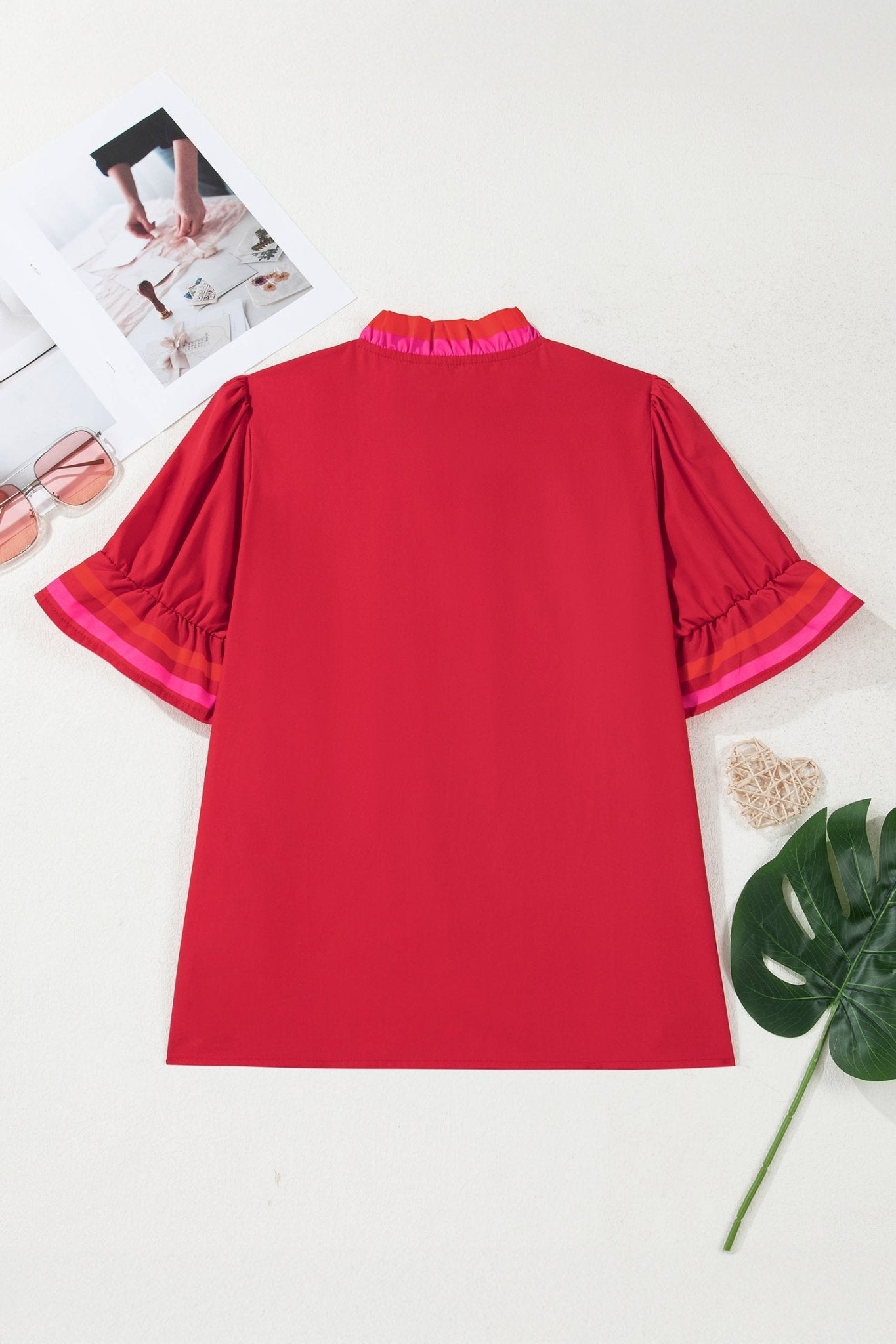 Stripe Frilled V-Neck Ruffle Short Sleeve Blouse - Rooted & Reckless Co.