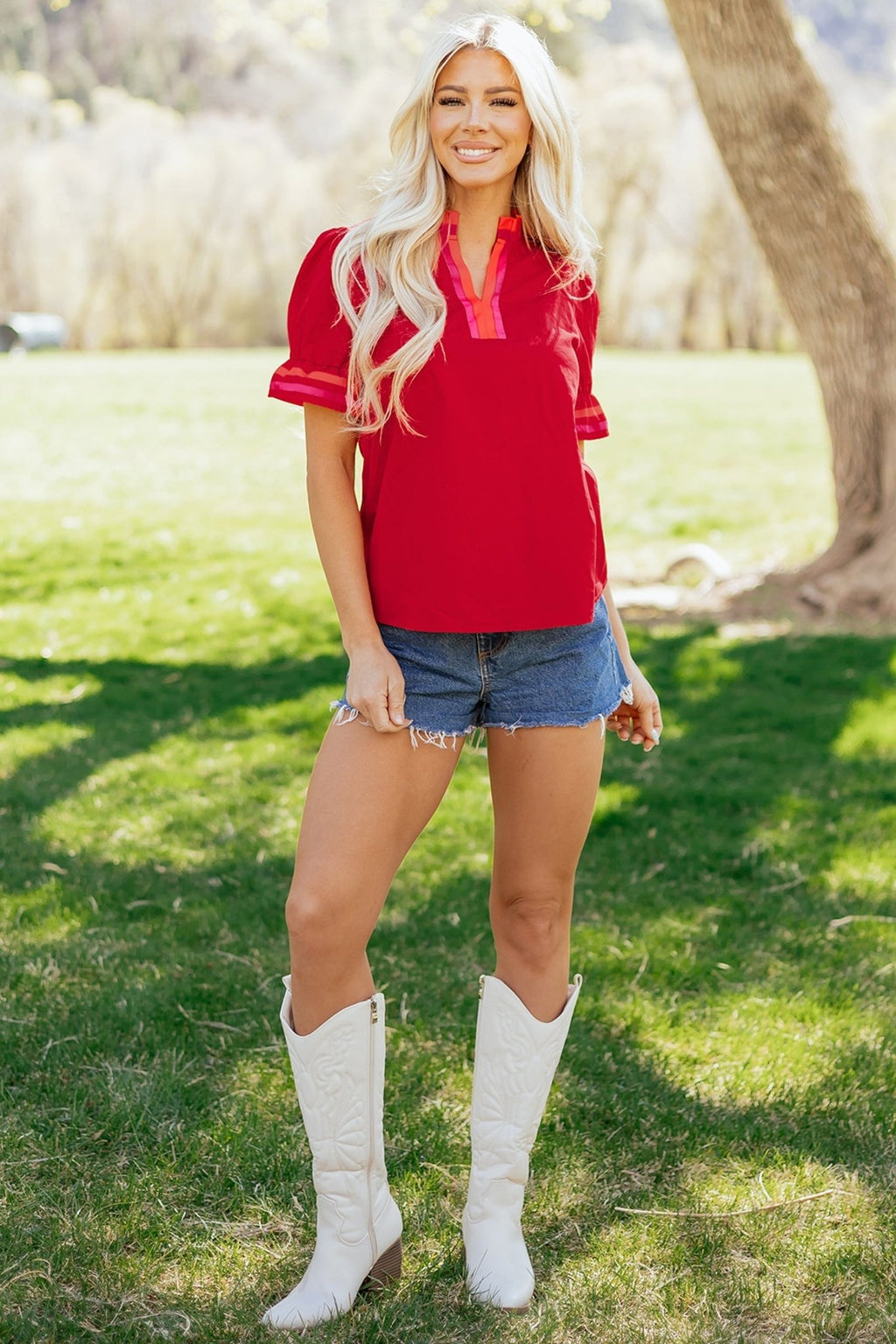 Stripe Frilled V-Neck Ruffle Short Sleeve Blouse - Rooted & Reckless Co.