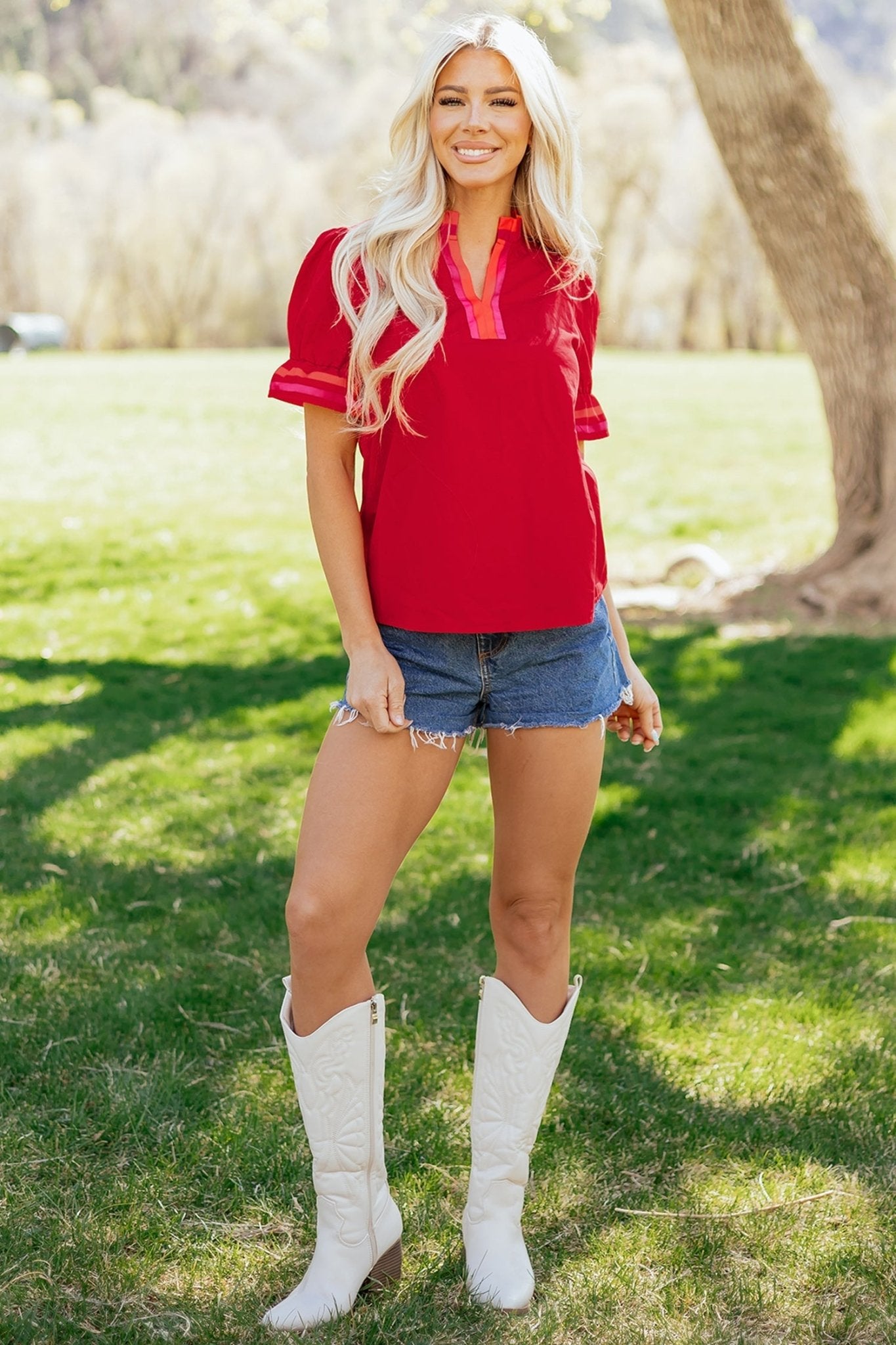 Stripe Frilled V-Neck Ruffle Short Sleeve Blouse - Rooted & Reckless Co.