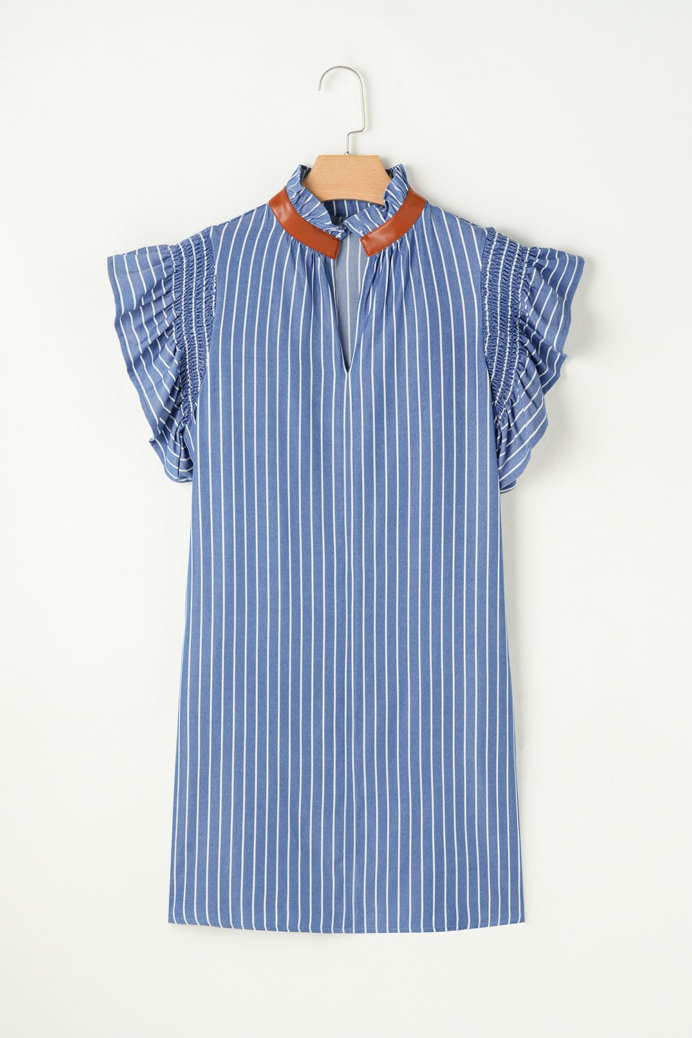 Stripe Frilly Neck Shirred Ruffle Sleeve Mini Dress - Rooted & Reckless Co.