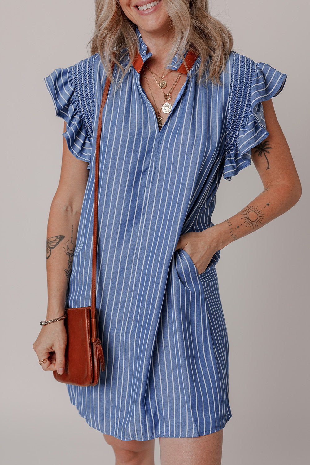 Stripe Frilly Neck Shirred Ruffle Sleeve Mini Dress - Rooted & Reckless Co.