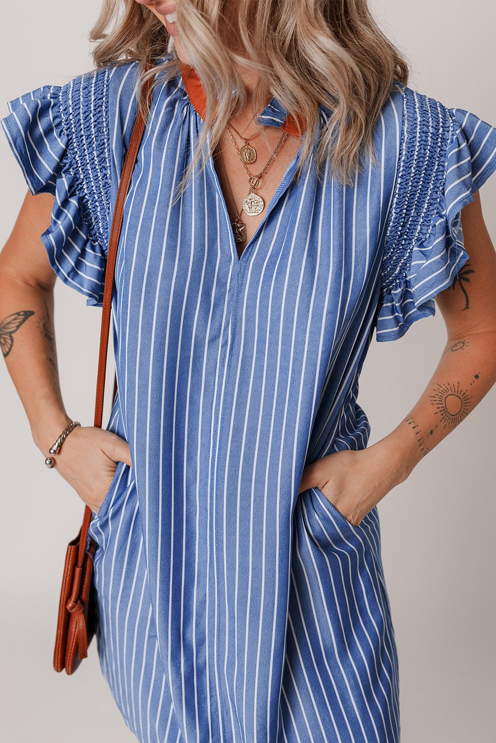 Stripe Frilly Neck Shirred Ruffle Sleeve Mini Dress - Rooted & Reckless Co.