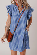 Stripe Frilly Neck Shirred Ruffle Sleeve Mini Dress - Rooted & Reckless Co.