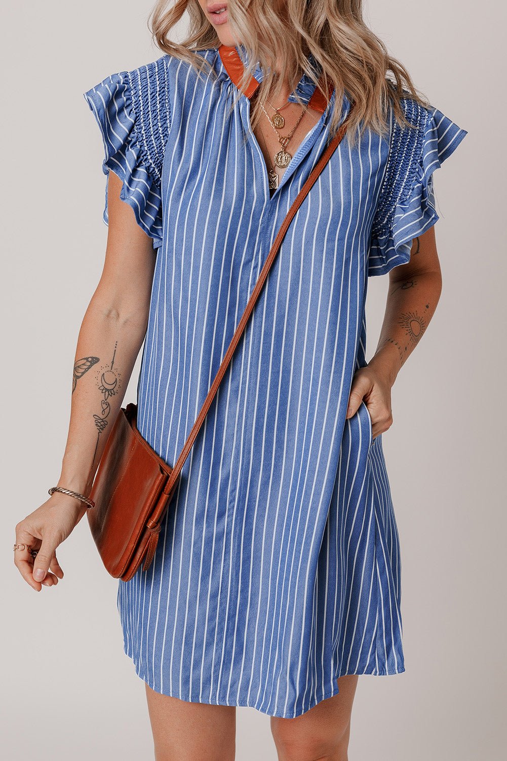 Stripe Frilly Neck Shirred Ruffle Sleeve Mini Dress - Rooted & Reckless Co.