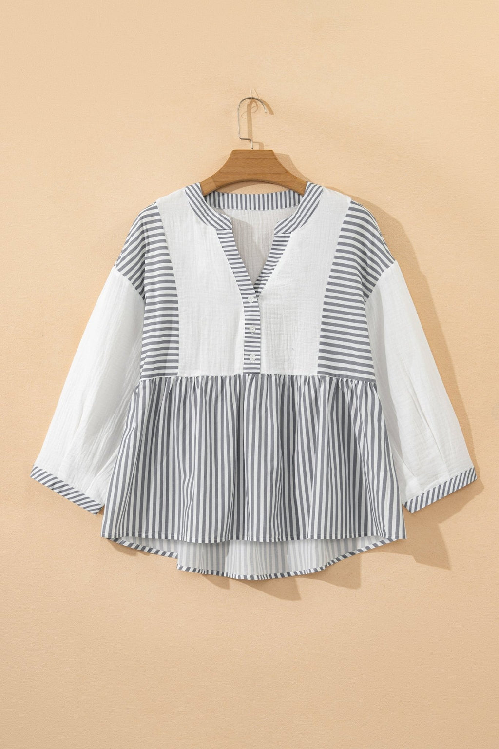 Stripe Gauze Patchwork Half Buttoned Babydoll Blouse - Rooted & Reckless Co.