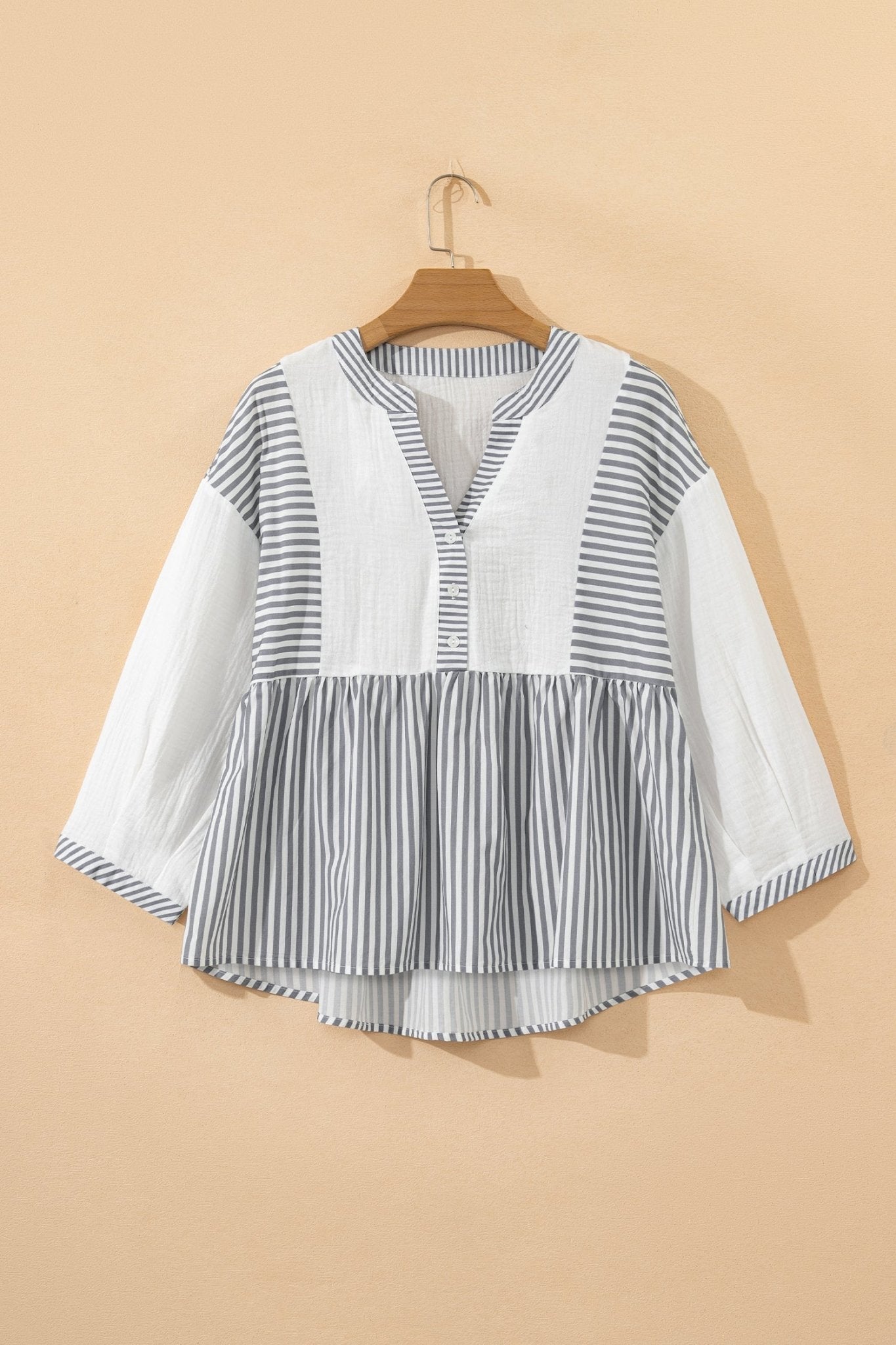 Stripe Gauze Patchwork Half Buttoned Babydoll Blouse - Rooted & Reckless Co.