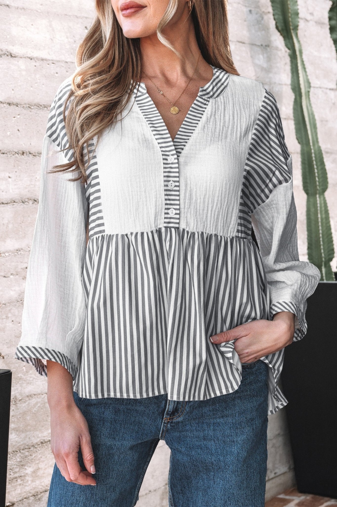 Stripe Gauze Patchwork Half Buttoned Babydoll Blouse - Rooted & Reckless Co.