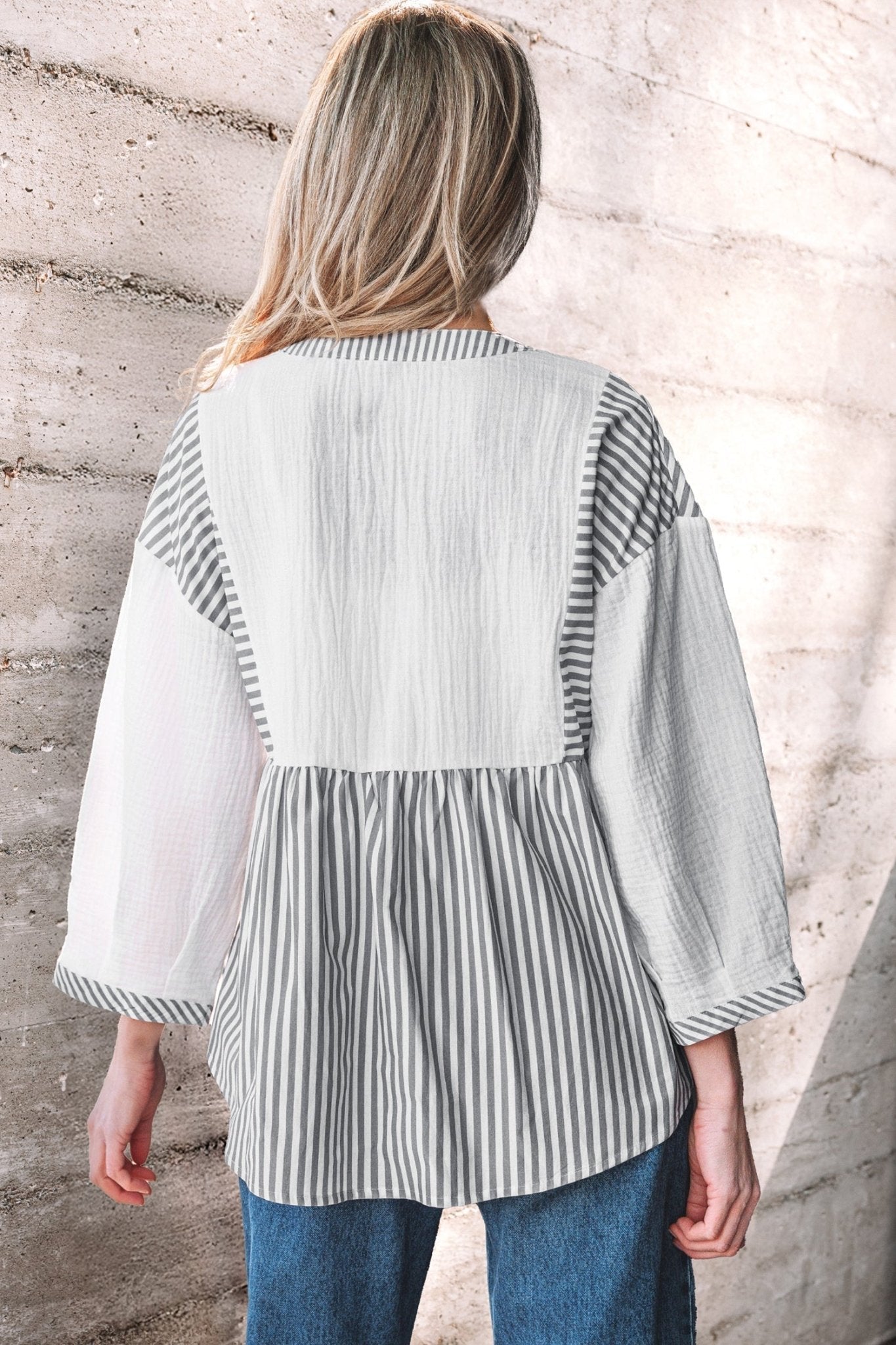 Stripe Gauze Patchwork Half Buttoned Babydoll Blouse - Rooted & Reckless Co.