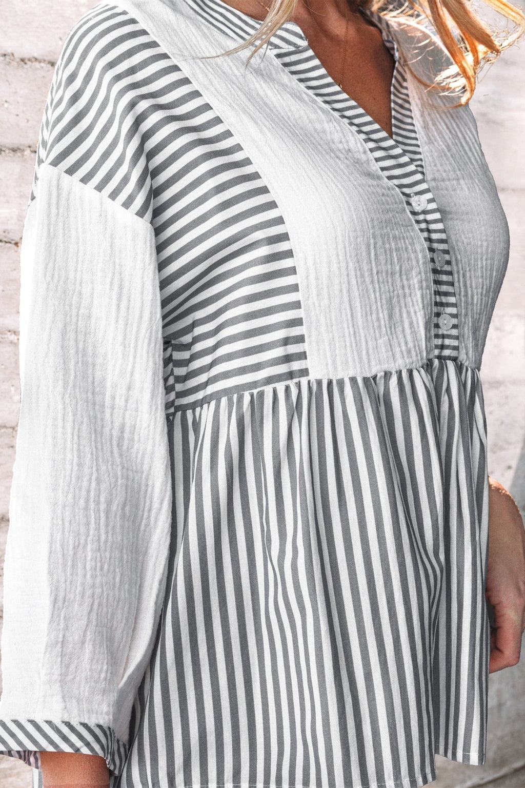 Stripe Gauze Patchwork Half Buttoned Babydoll Blouse - Rooted & Reckless Co.