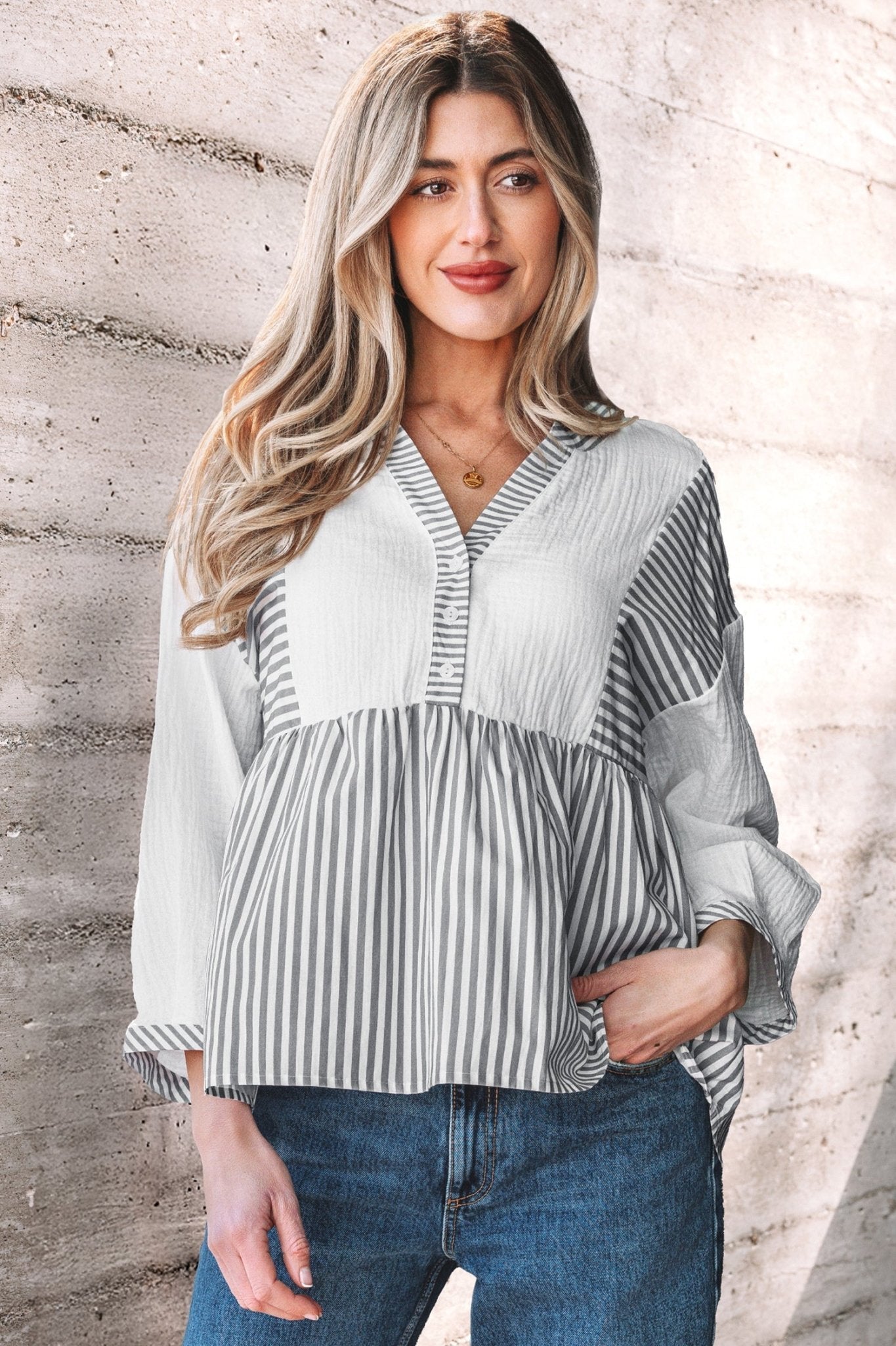 Stripe Gauze Patchwork Half Buttoned Babydoll Blouse - Rooted & Reckless Co.