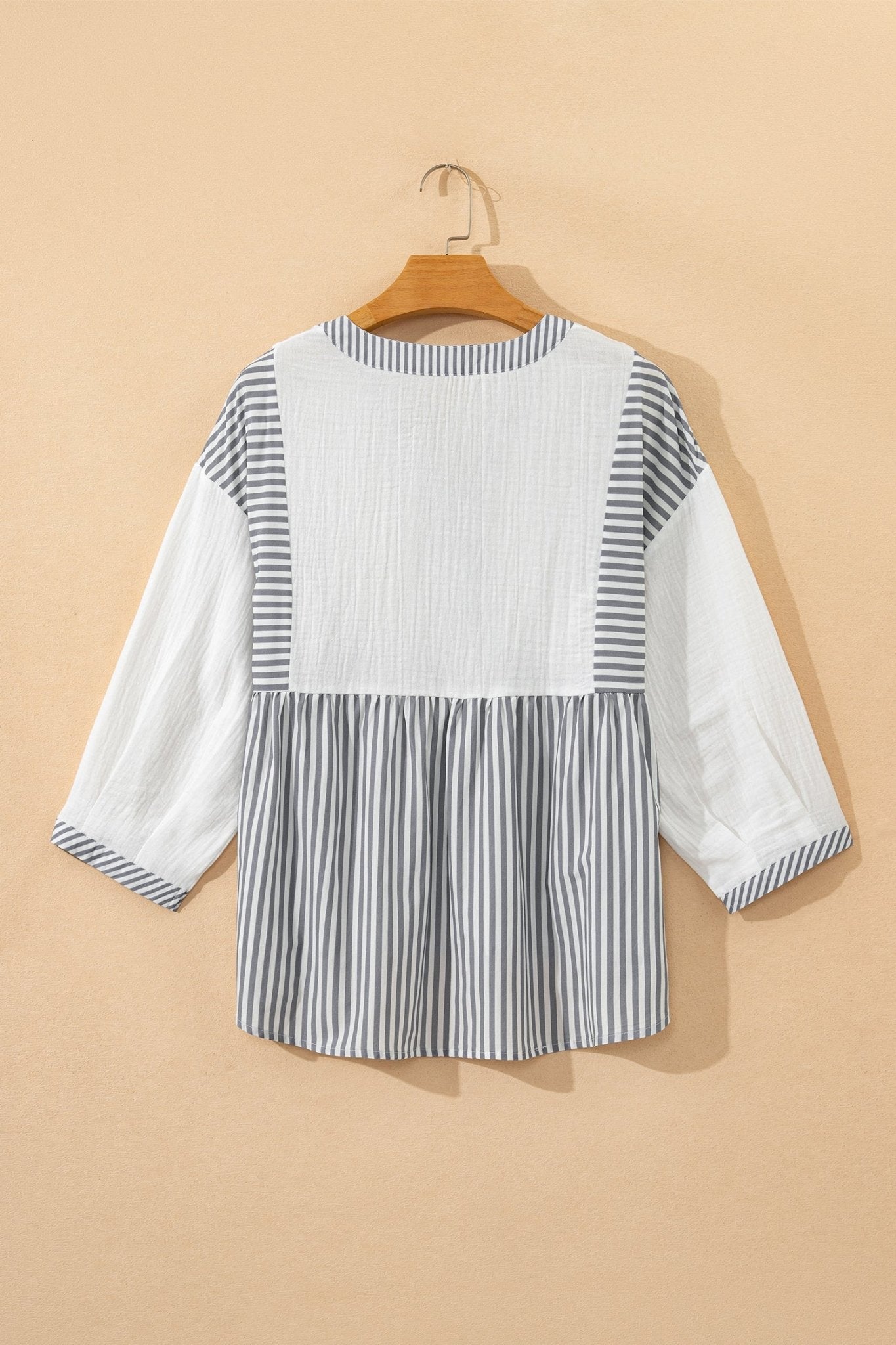 Stripe Gauze Patchwork Half Buttoned Babydoll Blouse - Rooted & Reckless Co.