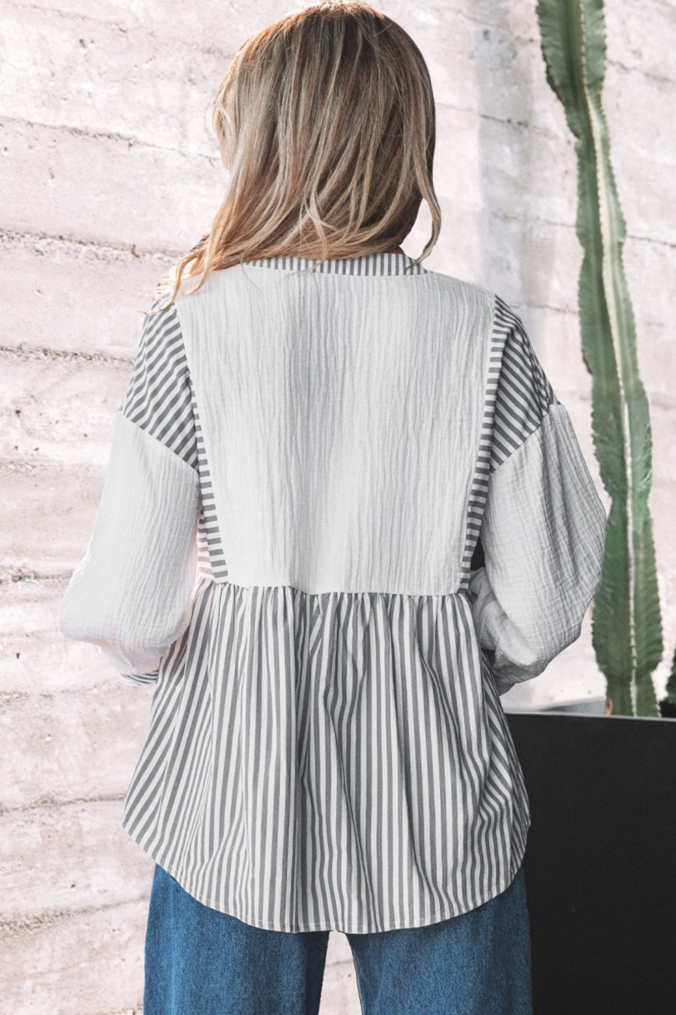 Stripe Gauze Patchwork Half Buttoned Babydoll Blouse - Rooted & Reckless Co.