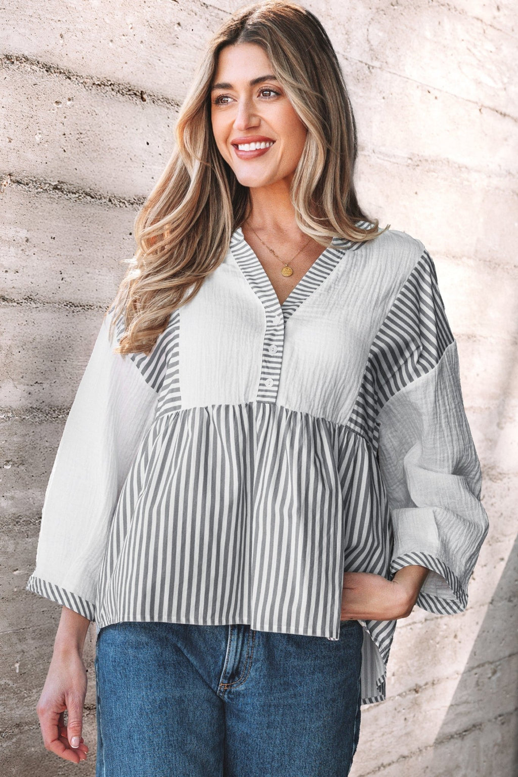 Stripe Gauze Patchwork Half Buttoned Babydoll Blouse - Rooted & Reckless Co.