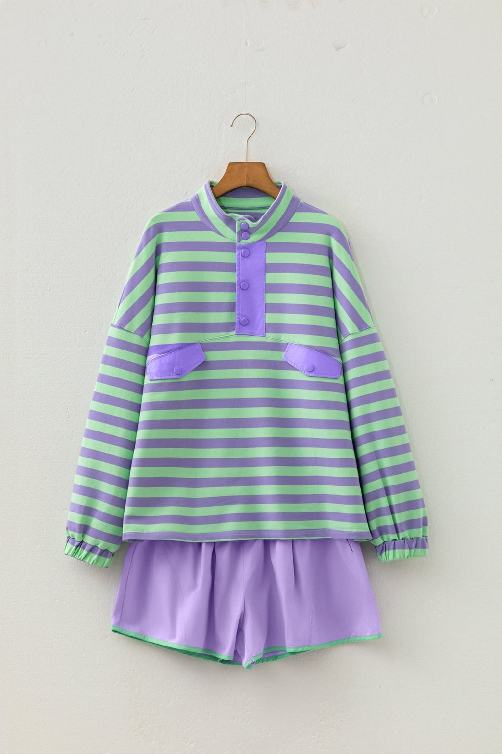 Stripe Half Button Long Sleeve Top and Shorts Set - Rooted & Reckless Co.