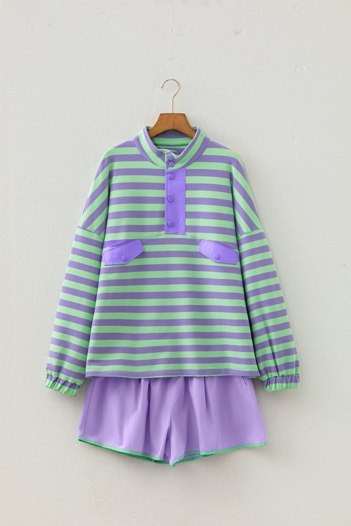 Stripe Half Button Long Sleeve Top and Shorts Set - Rooted & Reckless Co.