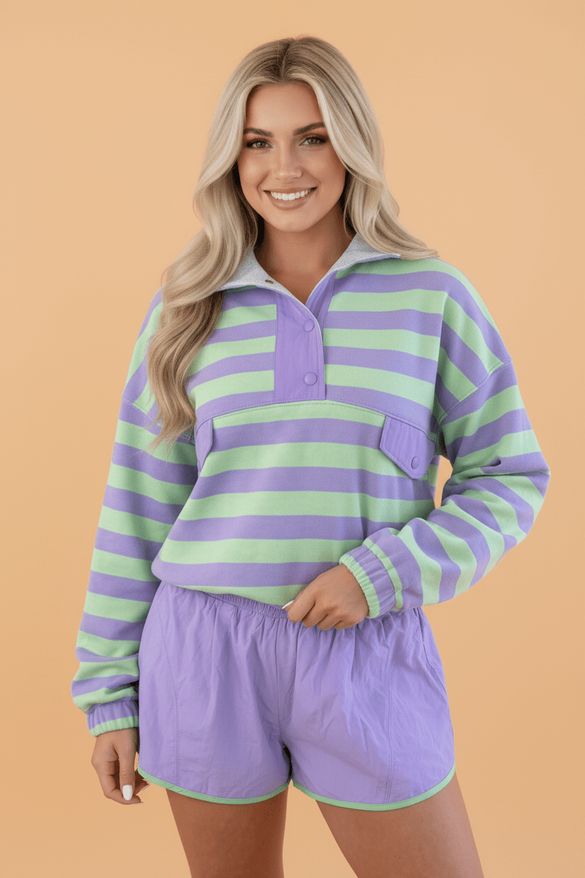 Stripe Half Button Long Sleeve Top and Shorts Set - Rooted & Reckless Co.
