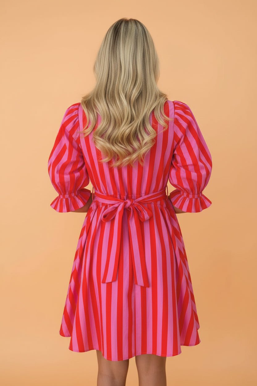 Stripe Half-Button Puff Sleeve Mini Dress - Rooted & Reckless Co.