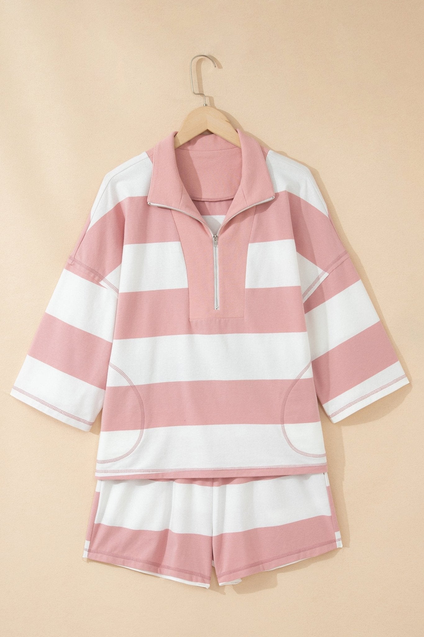 Stripe Half Zip 3/4 Sleeve Top & Shorts Set - Rooted & Reckless Co.